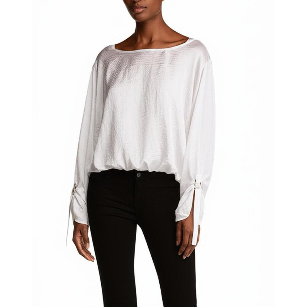 MICHAEL MICHAEL KORS Womens Blouse Size L White Boat Neck Crinkled Roll Tab D Ri